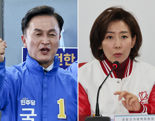 왼쪽부터 제22대 총선 서울 동작을 더불어민주당 후보인 류삼영 전 울산 중부경찰서장, 국민의힘 후보인 나경원 전 자유한국당 원내대표.<연합뉴스 사진 갈무리>